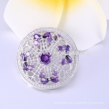 Venta caliente cristal violeta plateado broches para mujeres, flor en forma de broches de boda fabricante